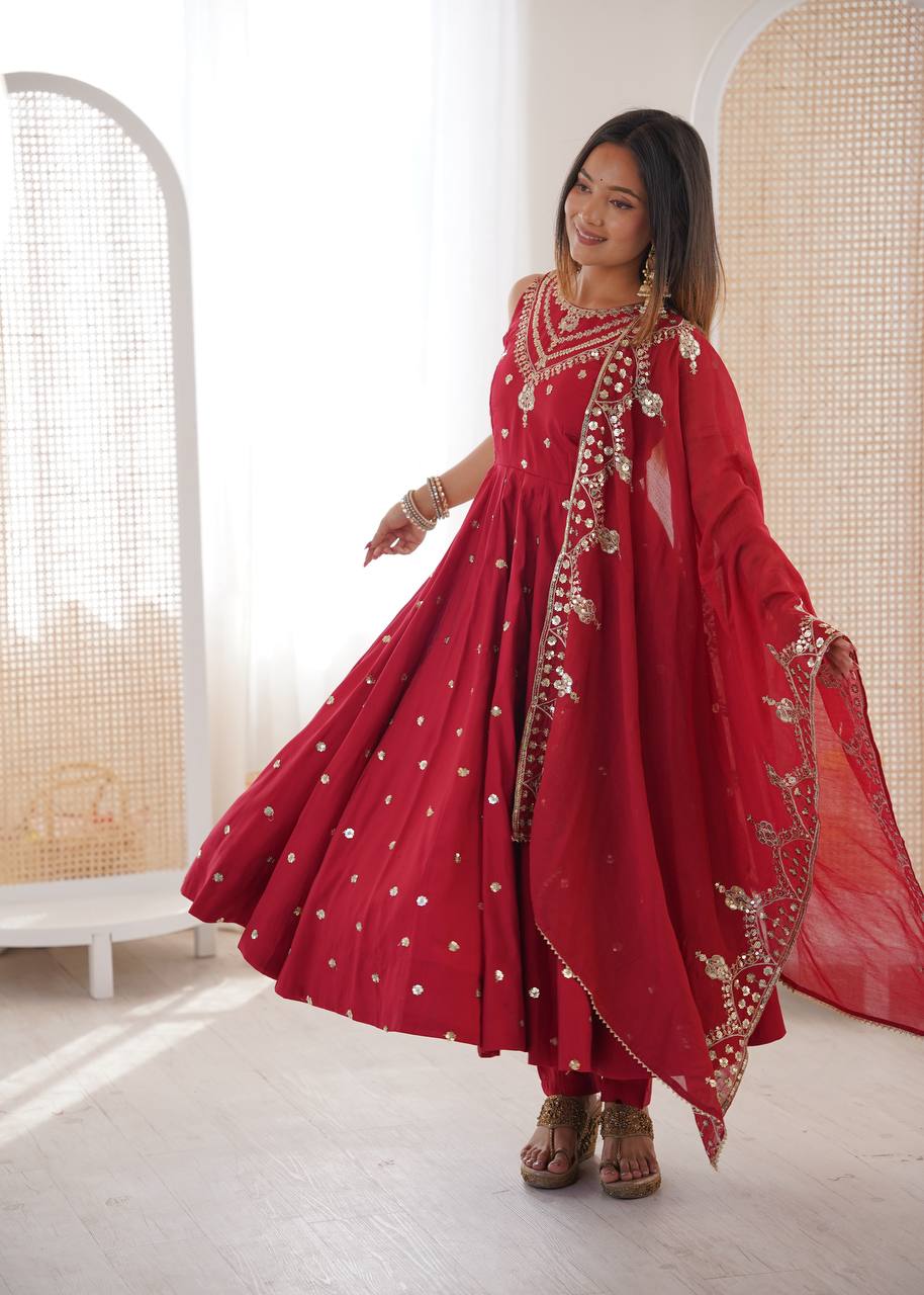 Party Wear Red Color Sequence Embroidered Anarkali Suit With Dupatta