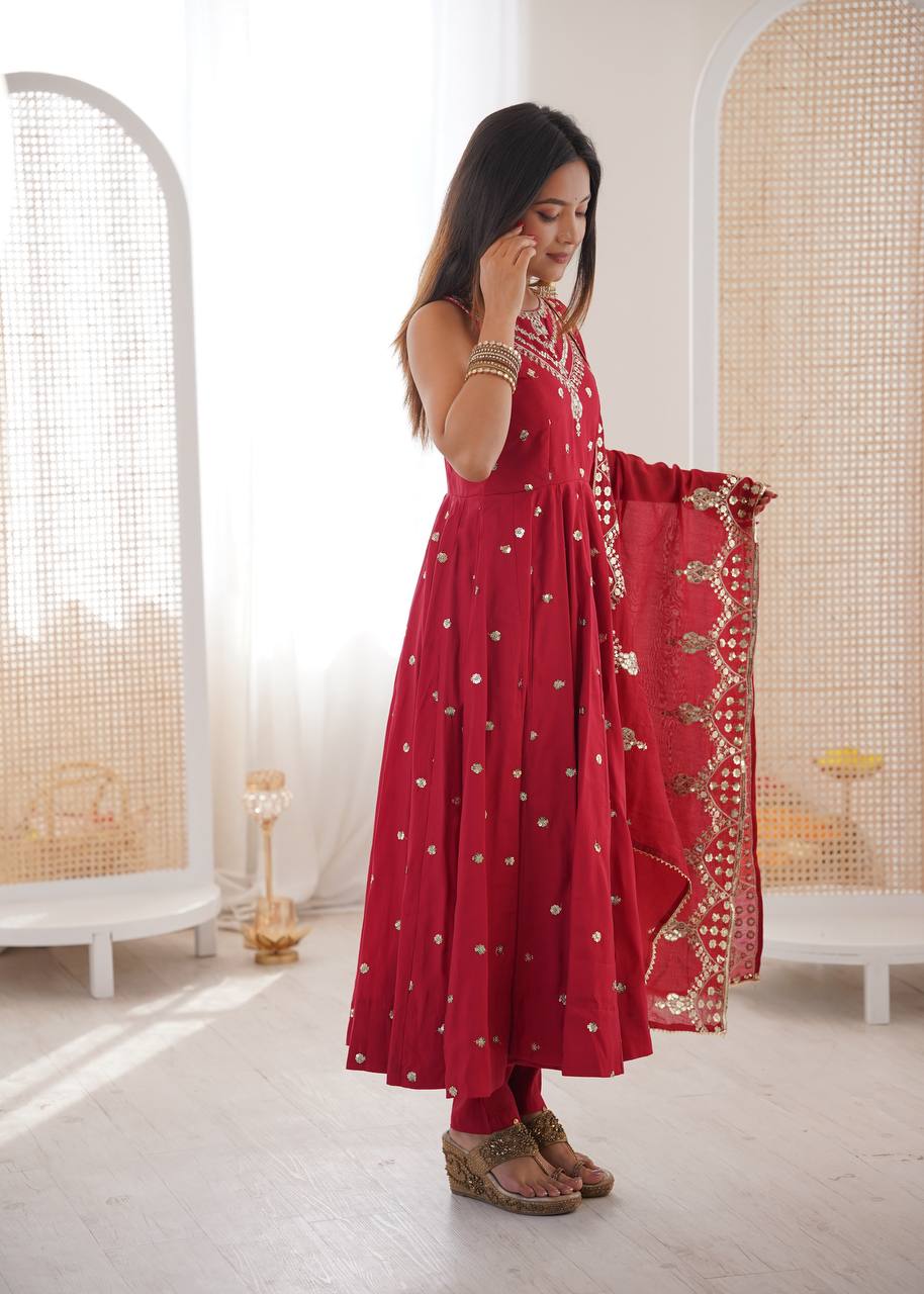 Party Wear Red Color Sequence Embroidered Anarkali Suit With Dupatta