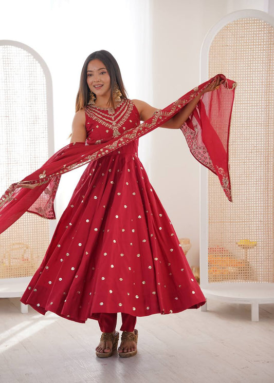 Party Wear Red Color Sequence Embroidered Anarkali Suit With Dupatta
