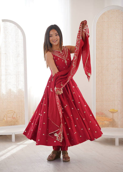 Party Wear Red Color Sequence Embroidered Anarkali Suit With Dupatta