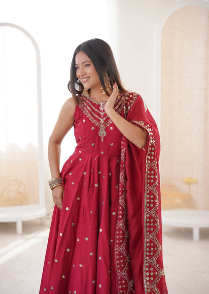 Party Wear Red Color Sequence Embroidered Anarkali Suit With Dupatta