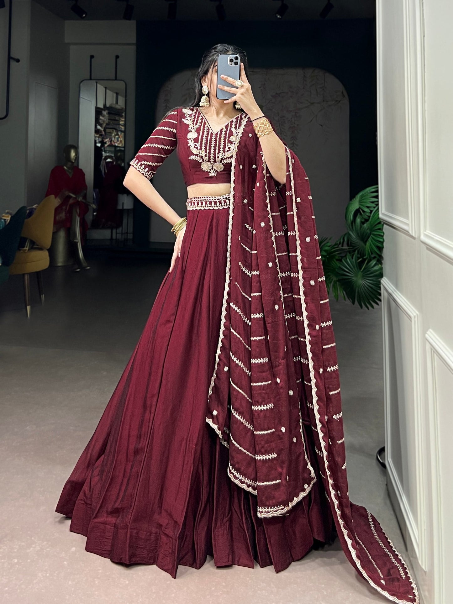 Wedding Wear Maroon Color Embroidered Lehenga With Dupatta