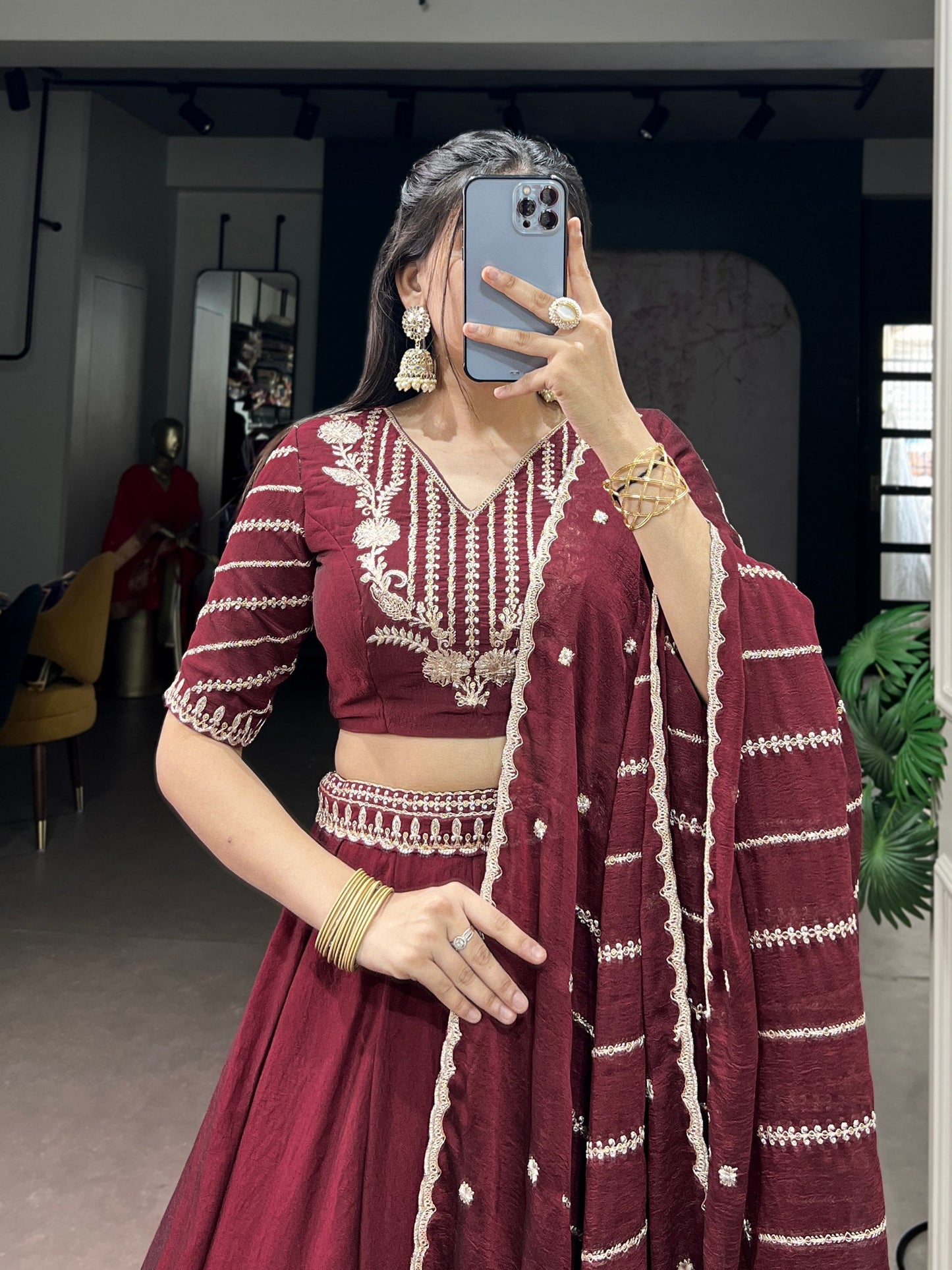 Wedding Wear Maroon Color Embroidered Lehenga With Dupatta