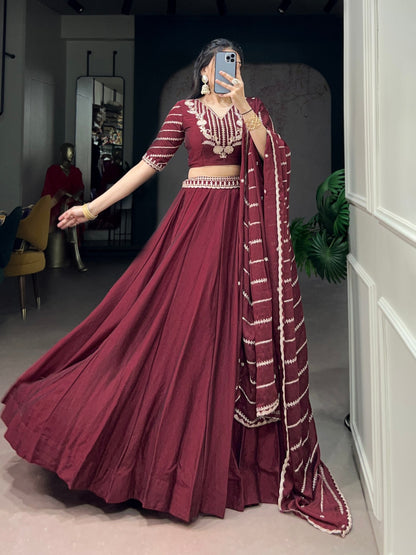 Wedding Wear Maroon Color Embroidered Lehenga With Dupatta