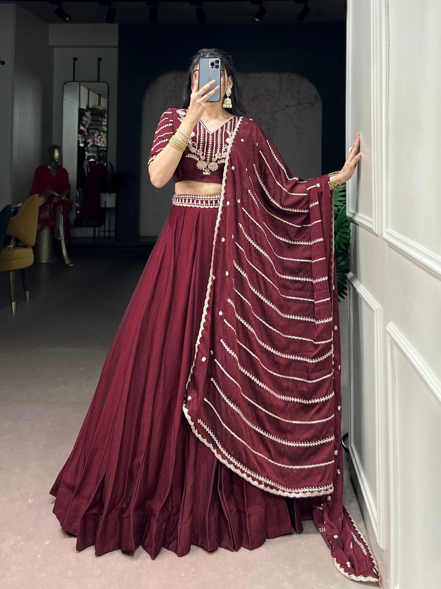 Wedding Wear Maroon Color Embroidered Lehenga With Dupatta