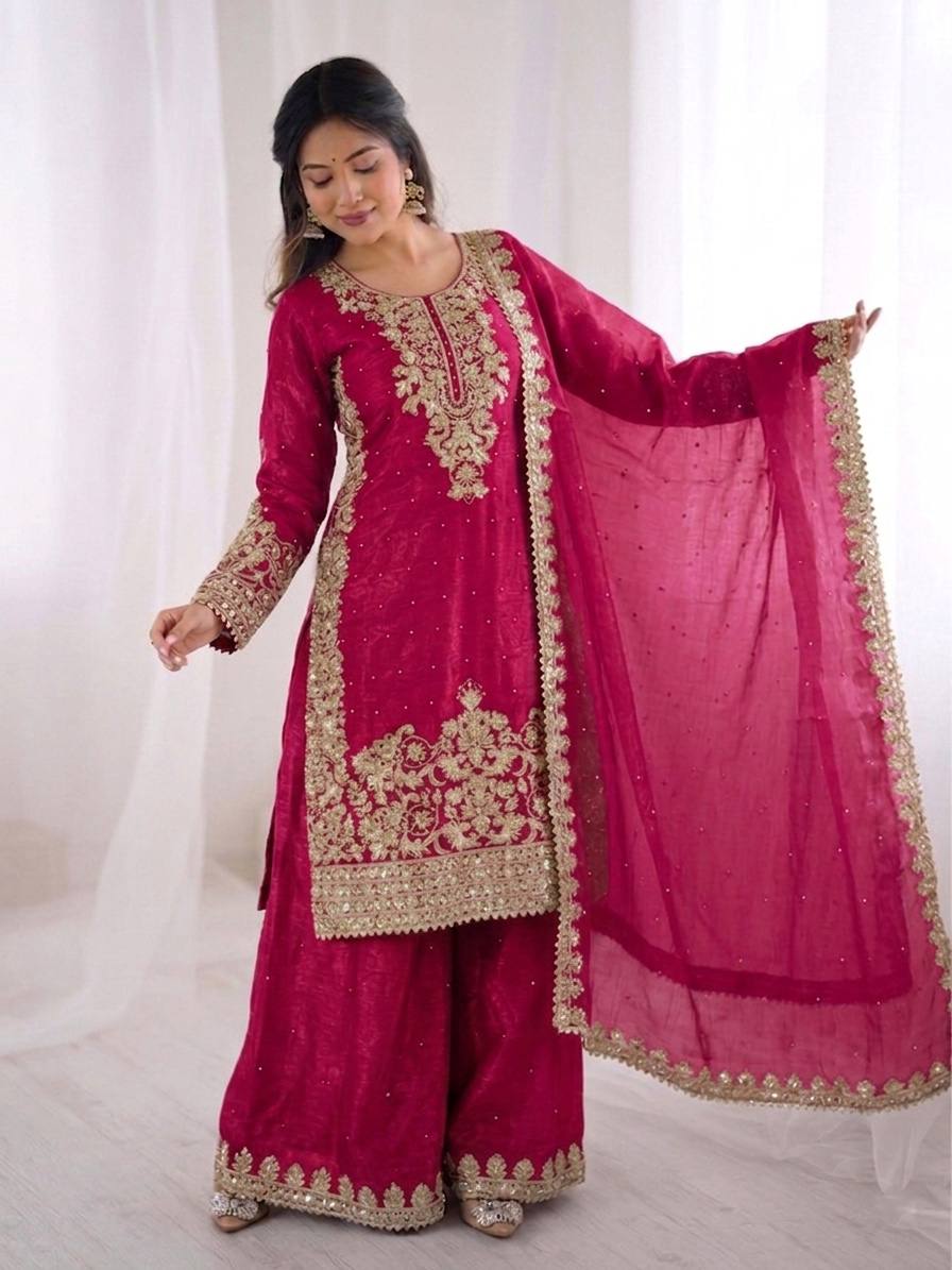 Elegant Pink Color Sequence Embroidered Palazzo Suit With Dupatta