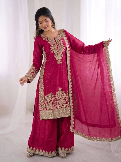 Elegant Pink Color Sequence Embroidered Palazzo Suit With Dupatta