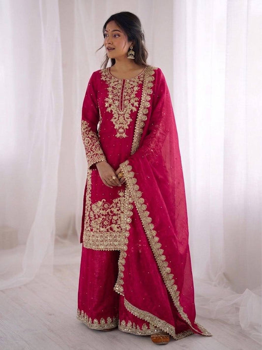 Elegant Pink Color Sequence Embroidered Palazzo Suit With Dupatta