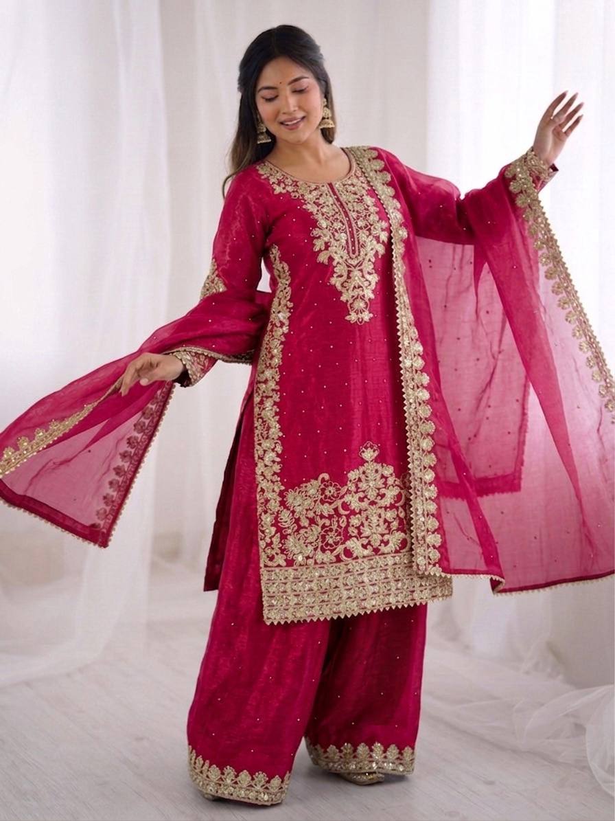 Elegant Pink Color Sequence Embroidered Palazzo Suit With Dupatta