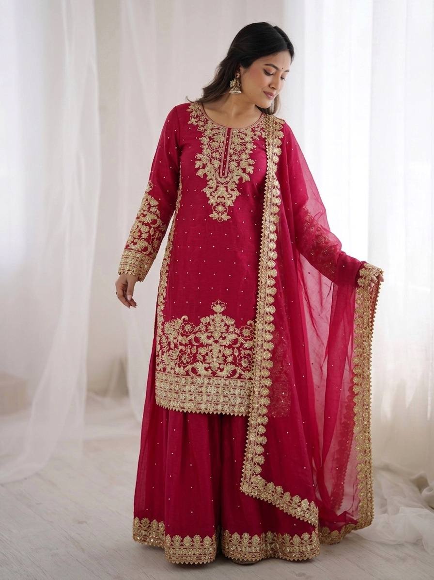 Elegant Pink Color Sequence Embroidered Palazzo Suit With Dupatta