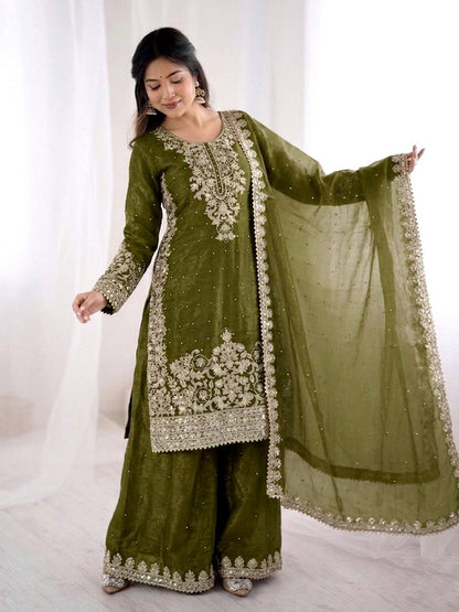 Graceful Green Color Sequence Work Silk Palazzo Suit With Dupatta