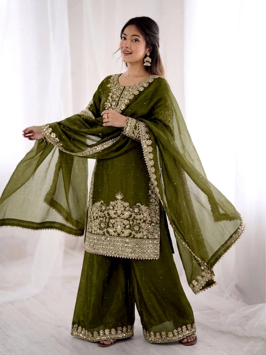 Graceful Green Color Sequence Work Silk Palazzo Suit With Dupatta