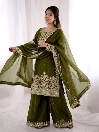 Graceful Green Color Sequence Work Silk Palazzo Suit With Dupatta