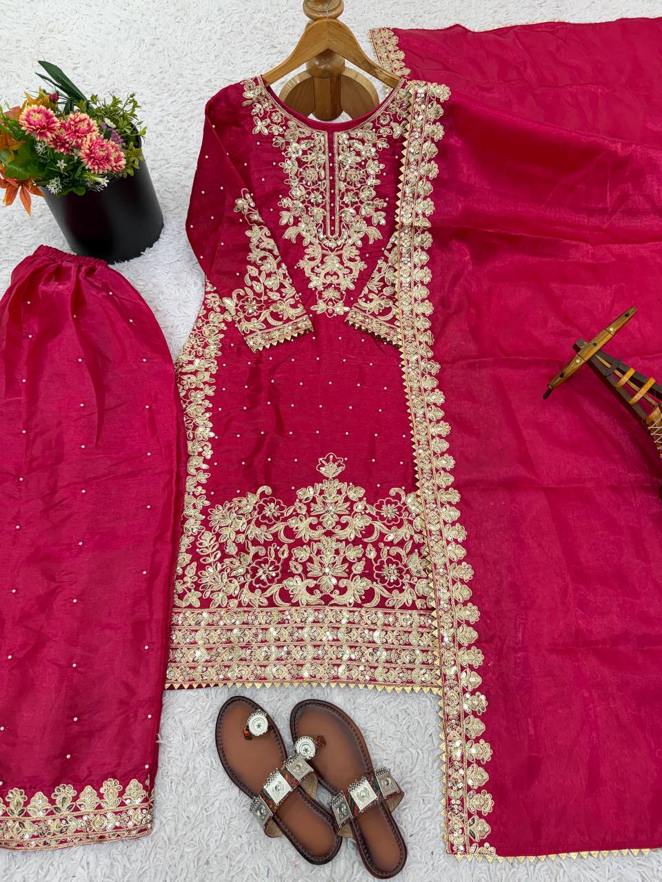 Elegant Pink Color Sequence Embroidered Palazzo Suit With Dupatta