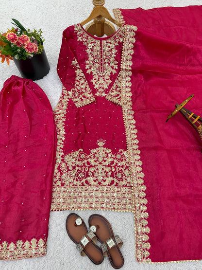 Elegant Pink Color Sequence Embroidered Palazzo Suit With Dupatta