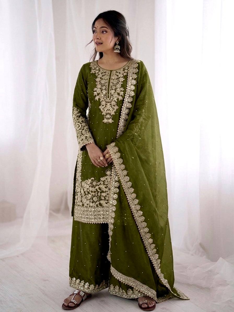 Graceful Green Color Sequence Work Silk Palazzo Suit With Dupatta