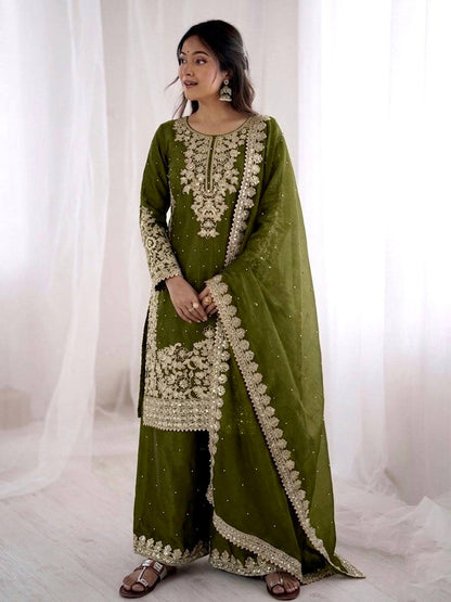 Graceful Green Color Sequence Work Silk Palazzo Suit With Dupatta