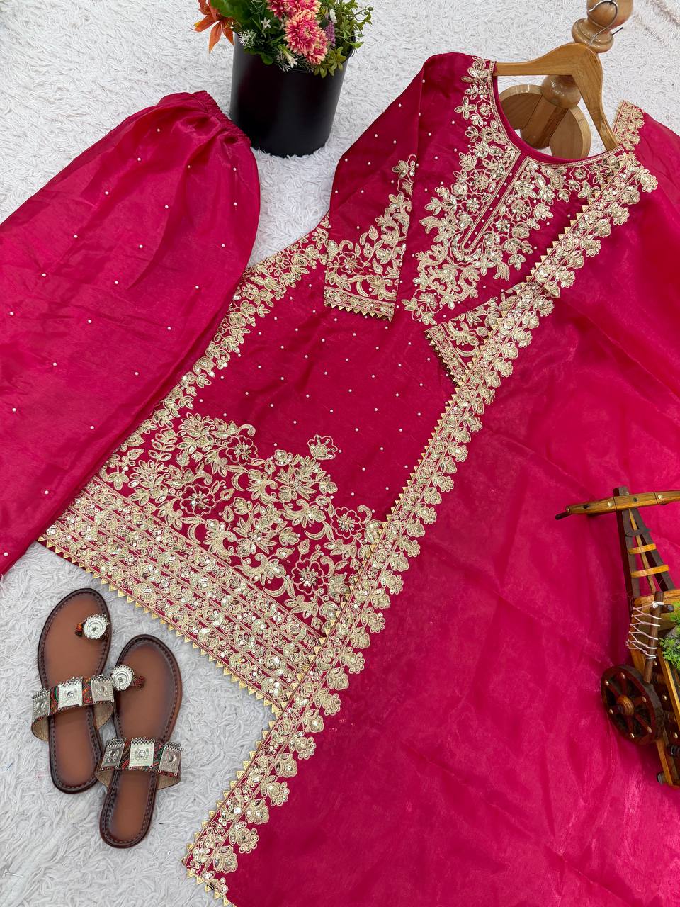 Elegant Pink Color Sequence Embroidered Palazzo Suit With Dupatta