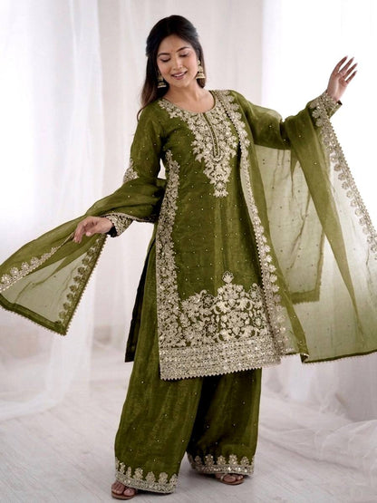 Graceful Green Color Sequence Work Silk Palazzo Suit With Dupatta