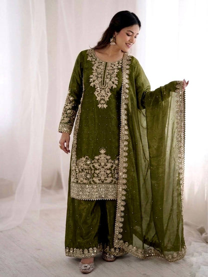 Graceful Green Color Sequence Work Silk Palazzo Suit With Dupatta