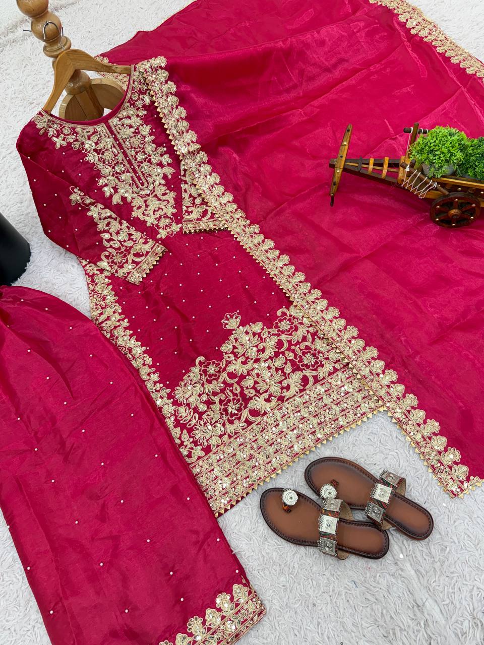Elegant Pink Color Sequence Embroidered Palazzo Suit With Dupatta
