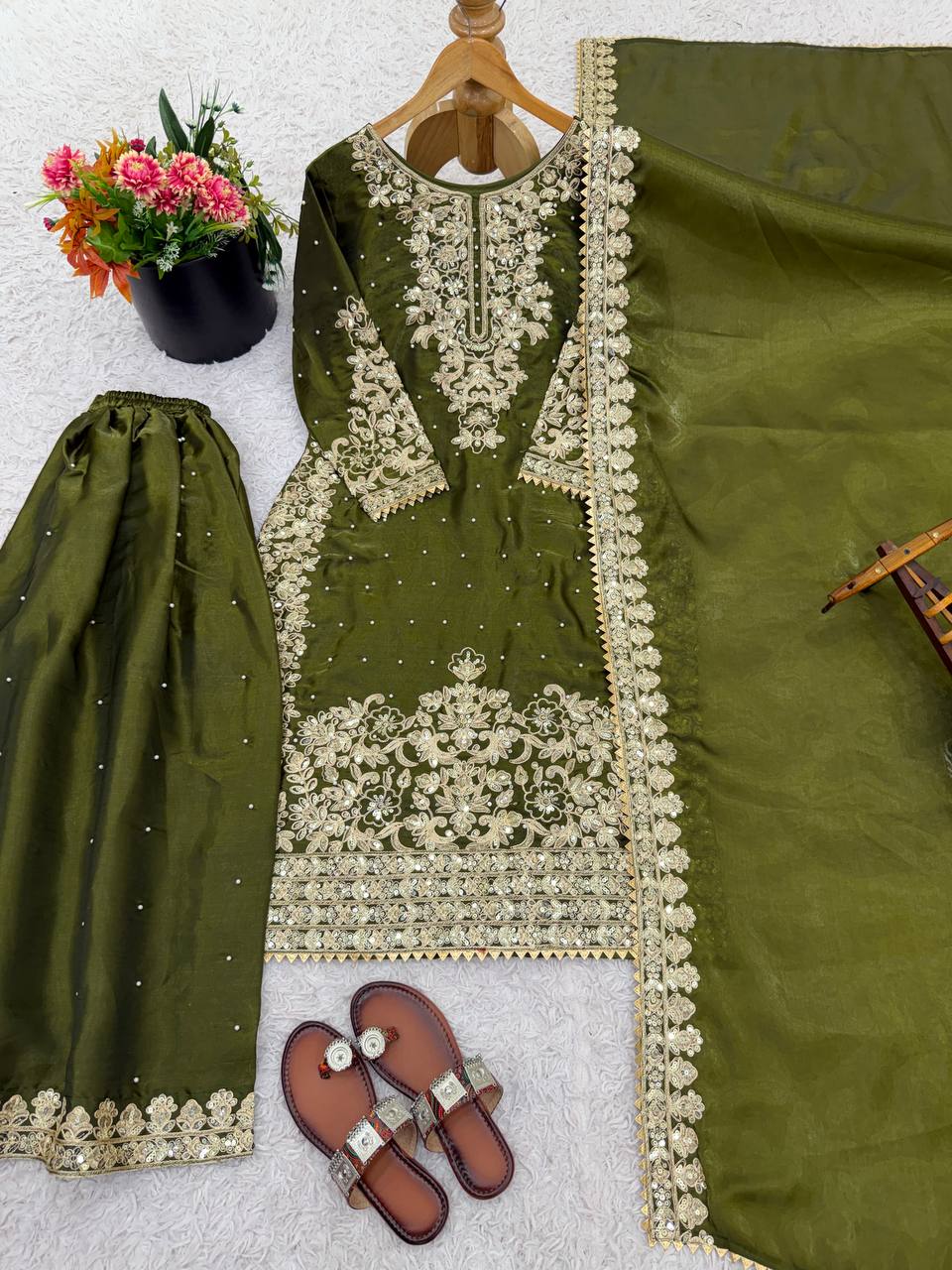 Graceful Green Color Sequence Work Silk Palazzo Suit With Dupatta