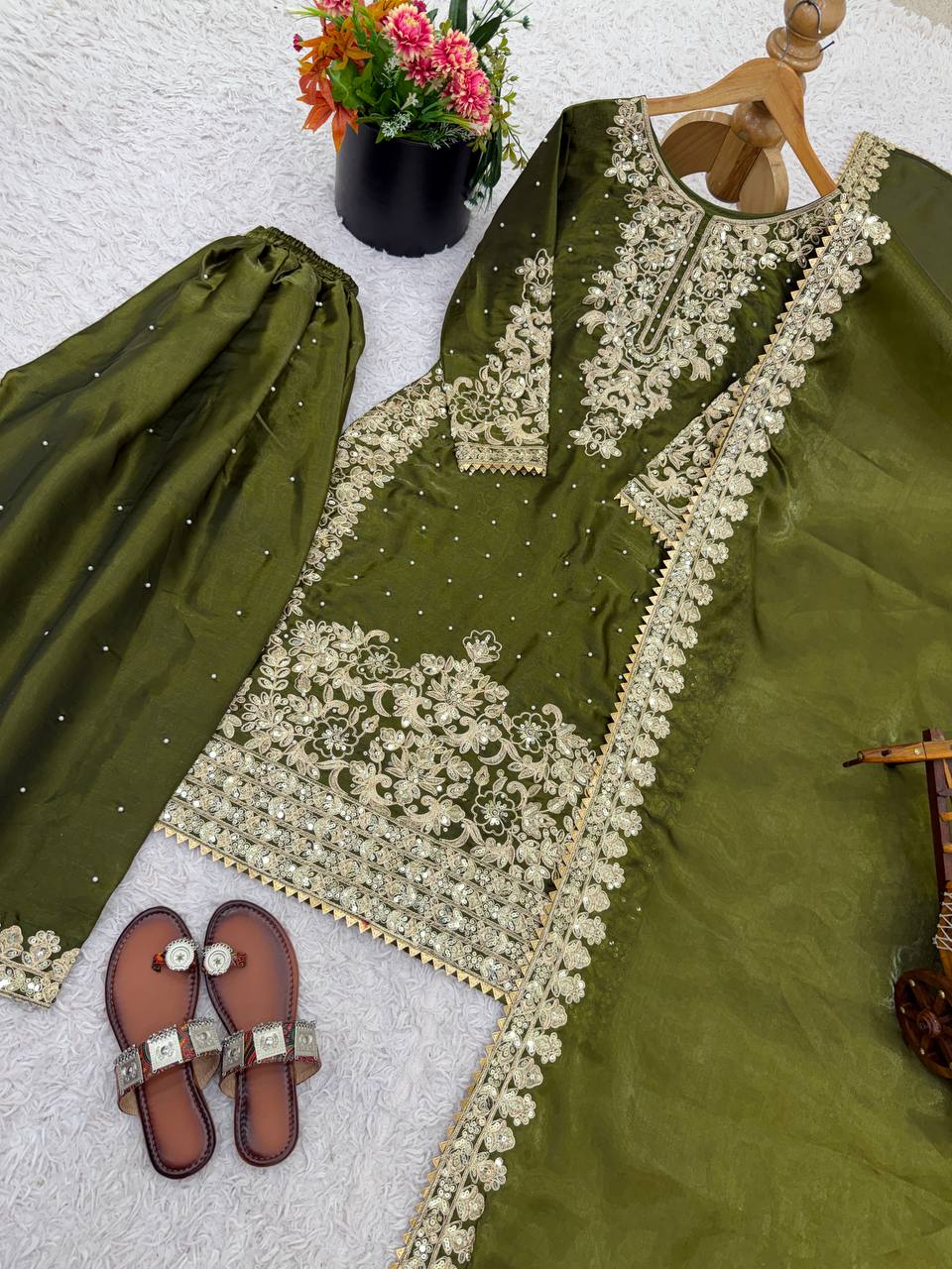 Graceful Green Color Sequence Work Silk Palazzo Suit With Dupatta