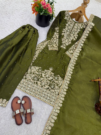 Graceful Green Color Sequence Work Silk Palazzo Suit With Dupatta