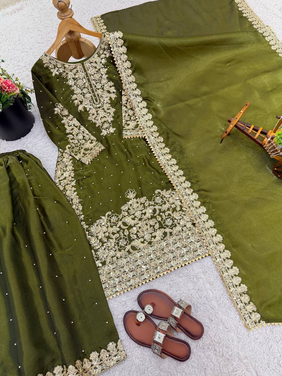 Graceful Green Color Sequence Work Silk Palazzo Suit With Dupatta