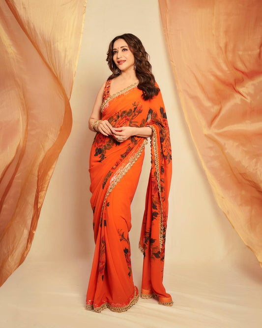 Madhuri Dixit Wear Orange Color Sequence Saree With Blouse