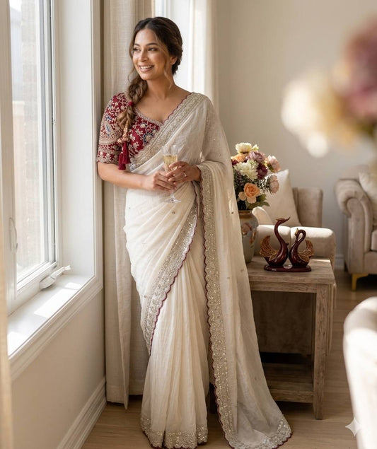 Eyes Catching Beige Color Sequence Embroidered Ready To Wear Saree With Blouse