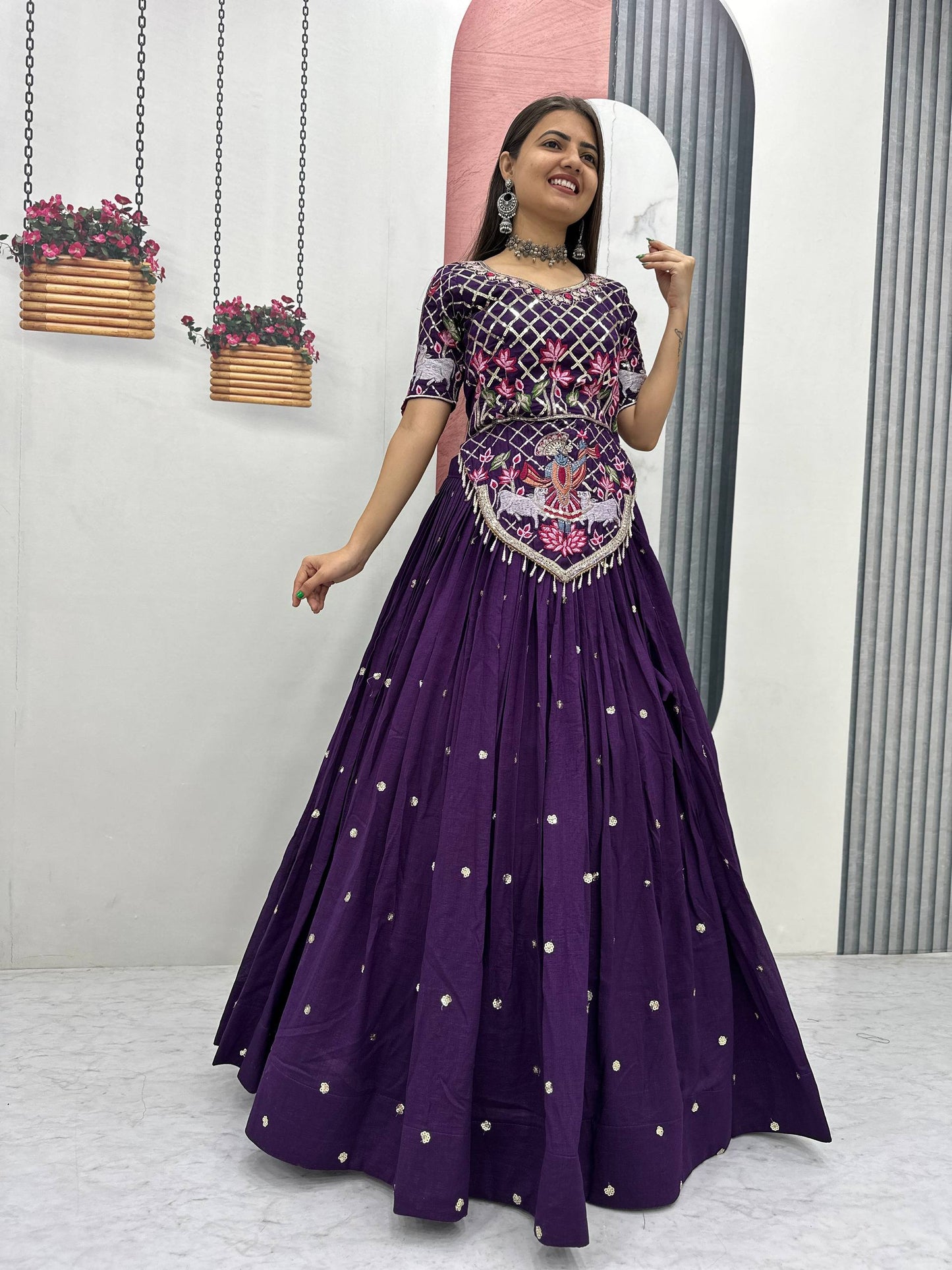 Casual Wear Purple Color Sequence Embroidered Lehenga Choli