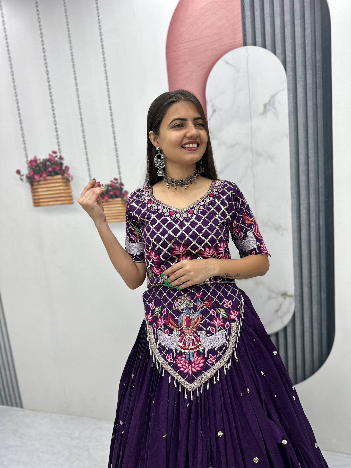 Casual Wear Purple Color Sequence Embroidered Lehenga Choli