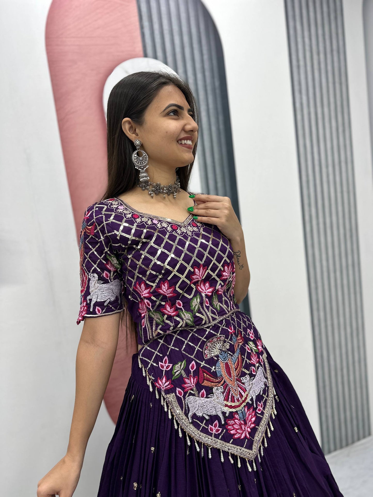 Casual Wear Purple Color Sequence Embroidered Lehenga Choli