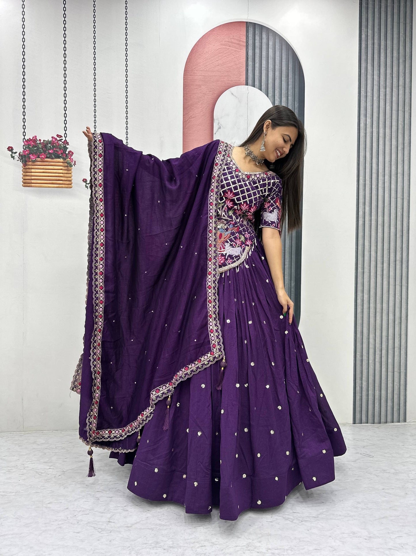 Casual Wear Purple Color Sequence Embroidered Lehenga Choli