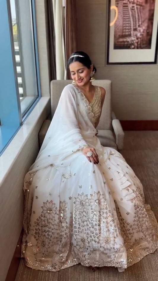 Innovative White Color Sequence Embroidered Lehenga With Dupatta