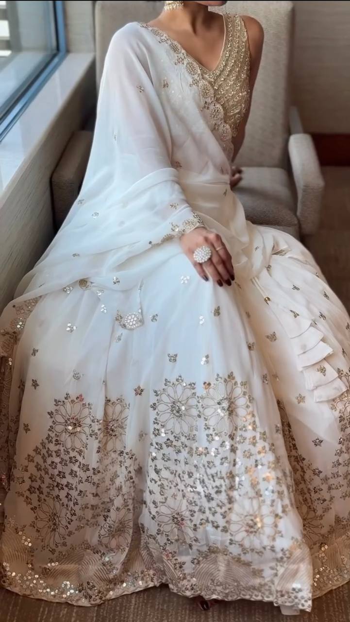Innovative White Color Sequence Embroidered Lehenga With Dupatta