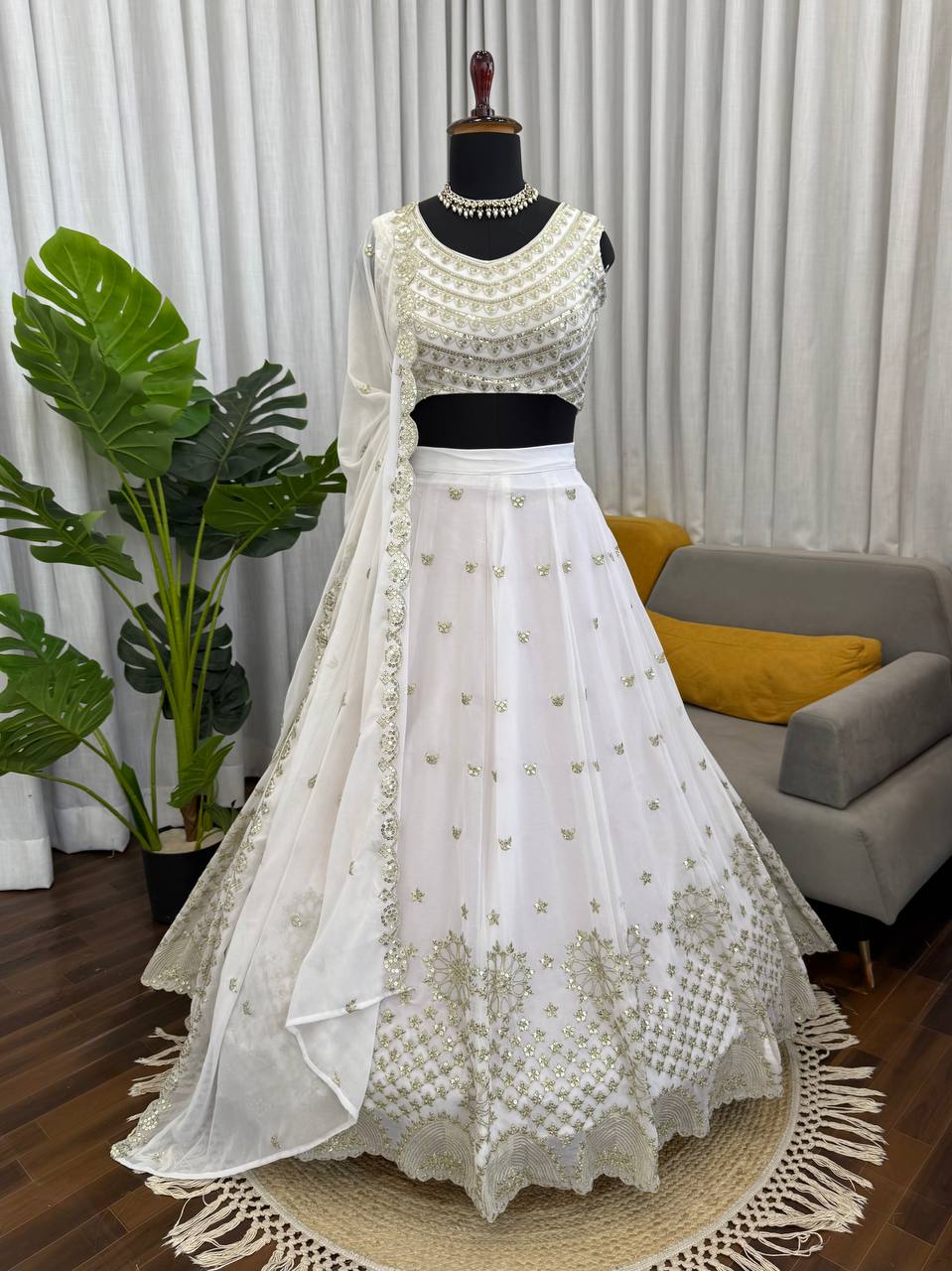 Innovative White Color Sequence Embroidered Lehenga With Dupatta