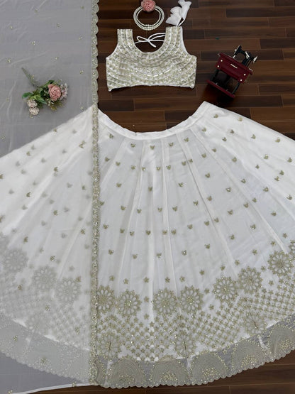 Innovative White Color Sequence Embroidered Lehenga With Dupatta