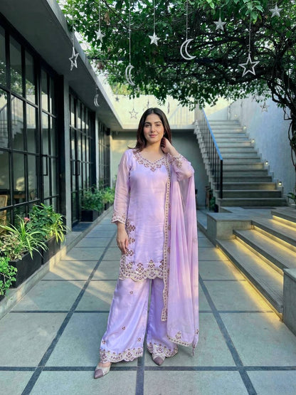 Trendy Purple Color Sequence Embroidered Palazoo Suit With Dupatta