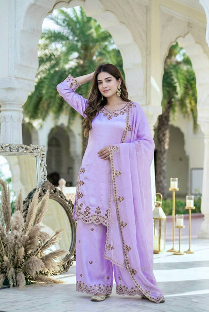 Trendy Purple Color Sequence Embroidered Palazoo Suit With Dupatta