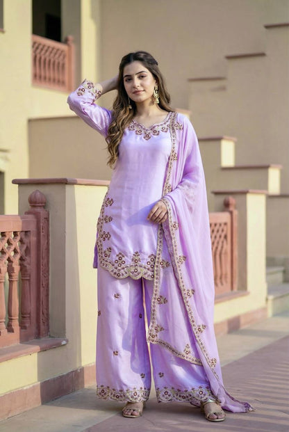 Trendy Purple Color Sequence Embroidered Palazoo Suit With Dupatta