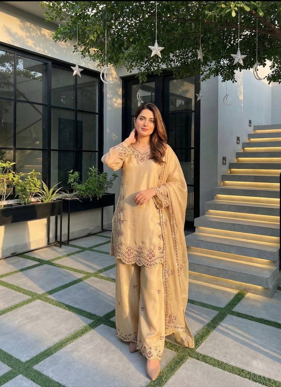 Wedding Wear Cream Color Sequence Embroidered Palazoo Suit With Dupatta