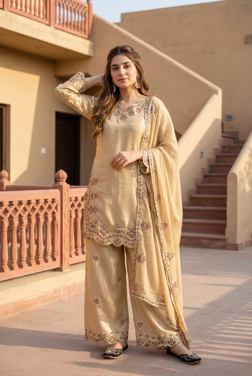 Wedding Wear Cream Color Sequence Embroidered Palazoo Suit With Dupatta
