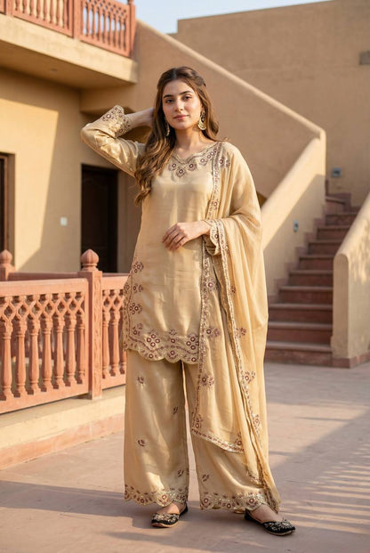 Wedding Wear Cream Color Sequence Embroidered Palazoo Suit With Dupatta