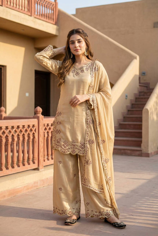 Wedding Wear Cream Color Sequence Embroidered Palazoo Suit With Dupatta