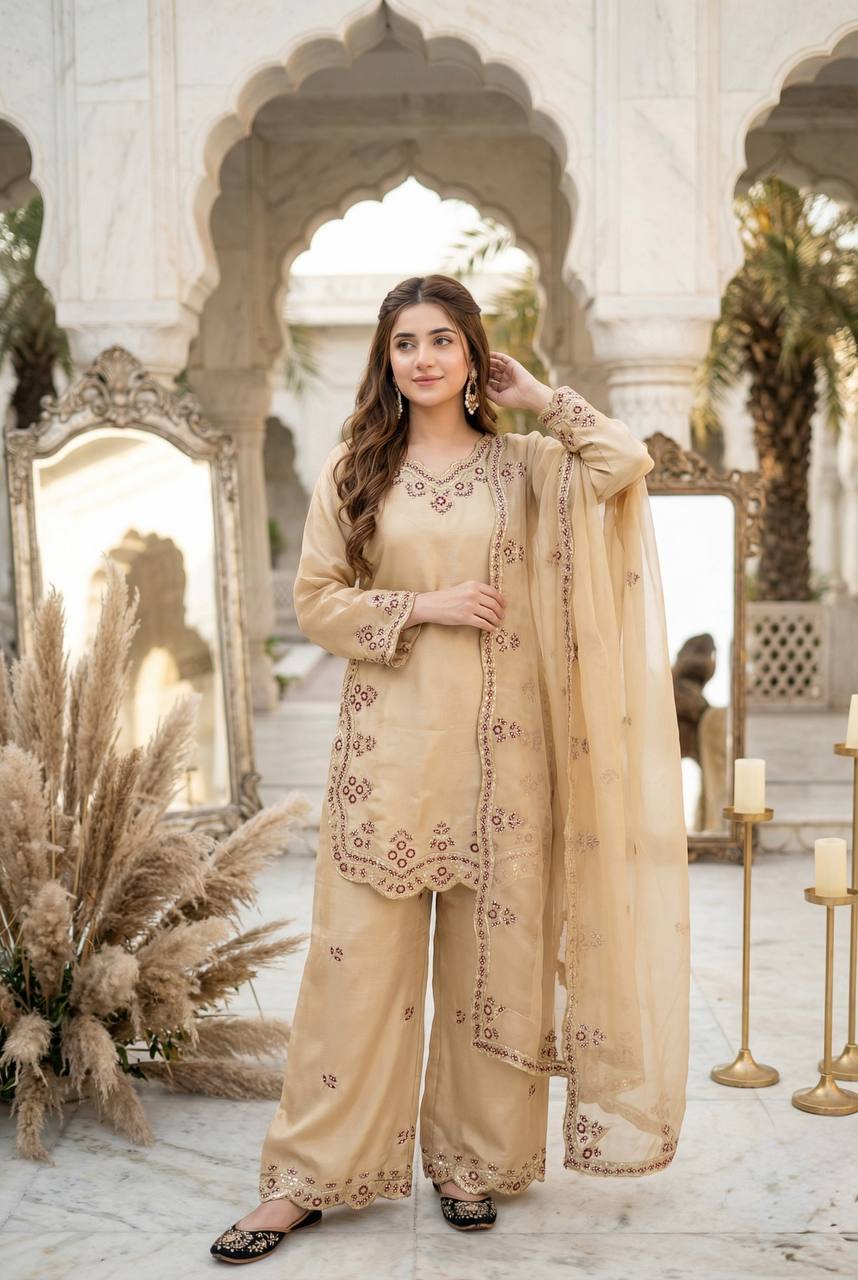 Wedding Wear Cream Color Sequence Embroidered Palazoo Suit With Dupatta