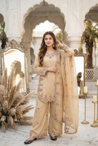 Wedding Wear Cream Color Sequence Embroidered Palazoo Suit With Dupatta