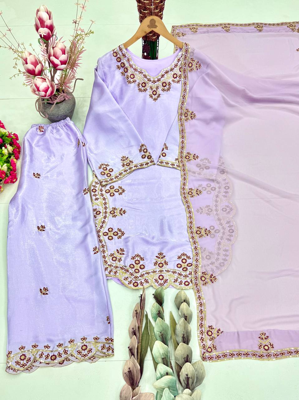 Trendy Purple Color Sequence Embroidered Palazoo Suit With Dupatta