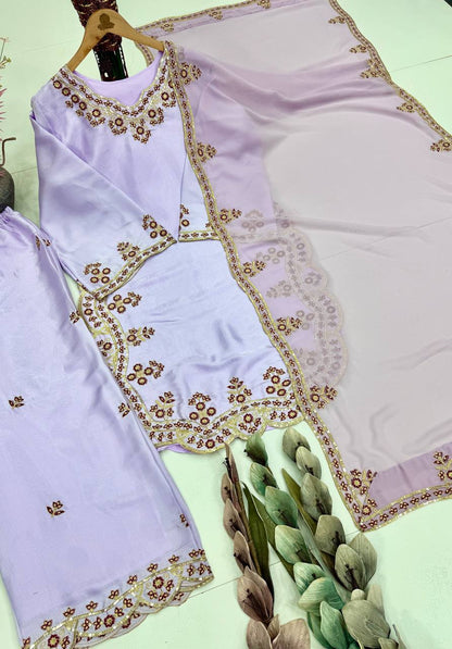 Trendy Purple Color Sequence Embroidered Palazoo Suit With Dupatta